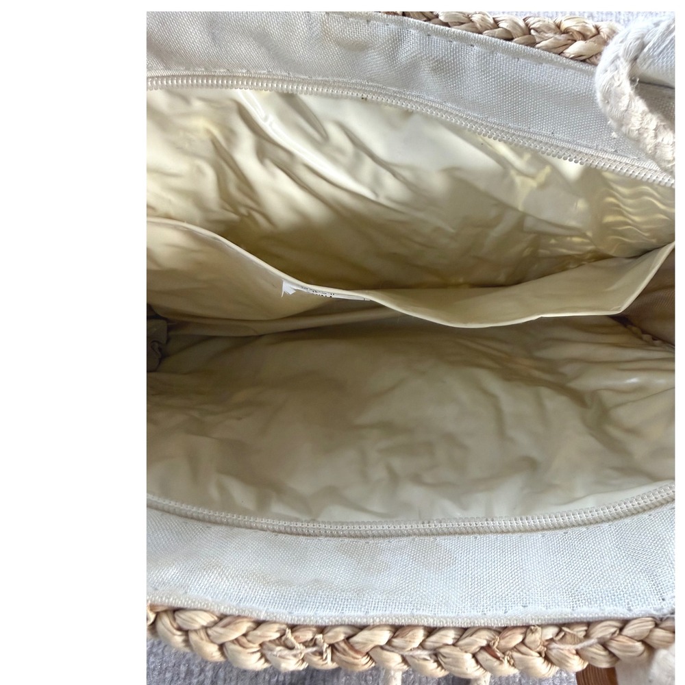 Vintage Woven Straw Shoulder Bag Tan Floral Needlepoint Boho Rope Handle Zip Top - Picture 8 of 8